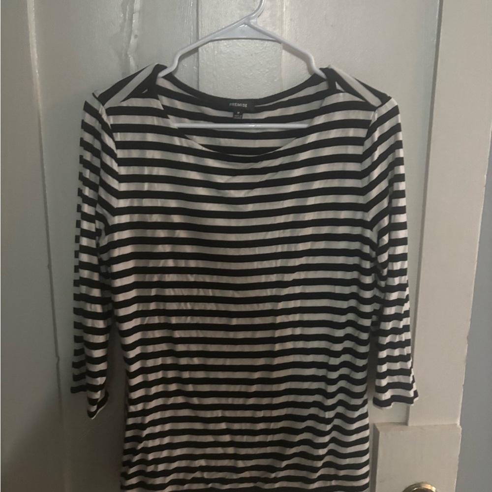Premise Black and White Striped Three Quarter Sleeve Top